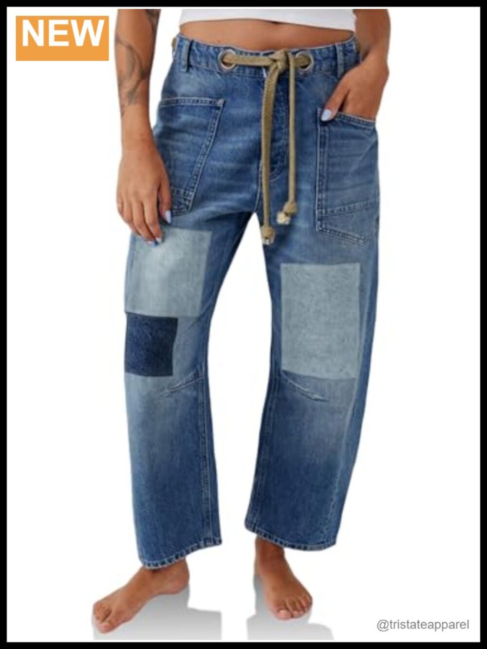 Womens Baggy Barrel Horseshoe Jeans Wide Leg Patchwork Low Rise Denim Pants